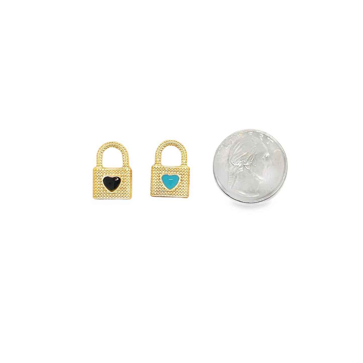 Two gold textured padlock charms featuring black and turquoise heart inlays sit next to a US quarter coin for scale.