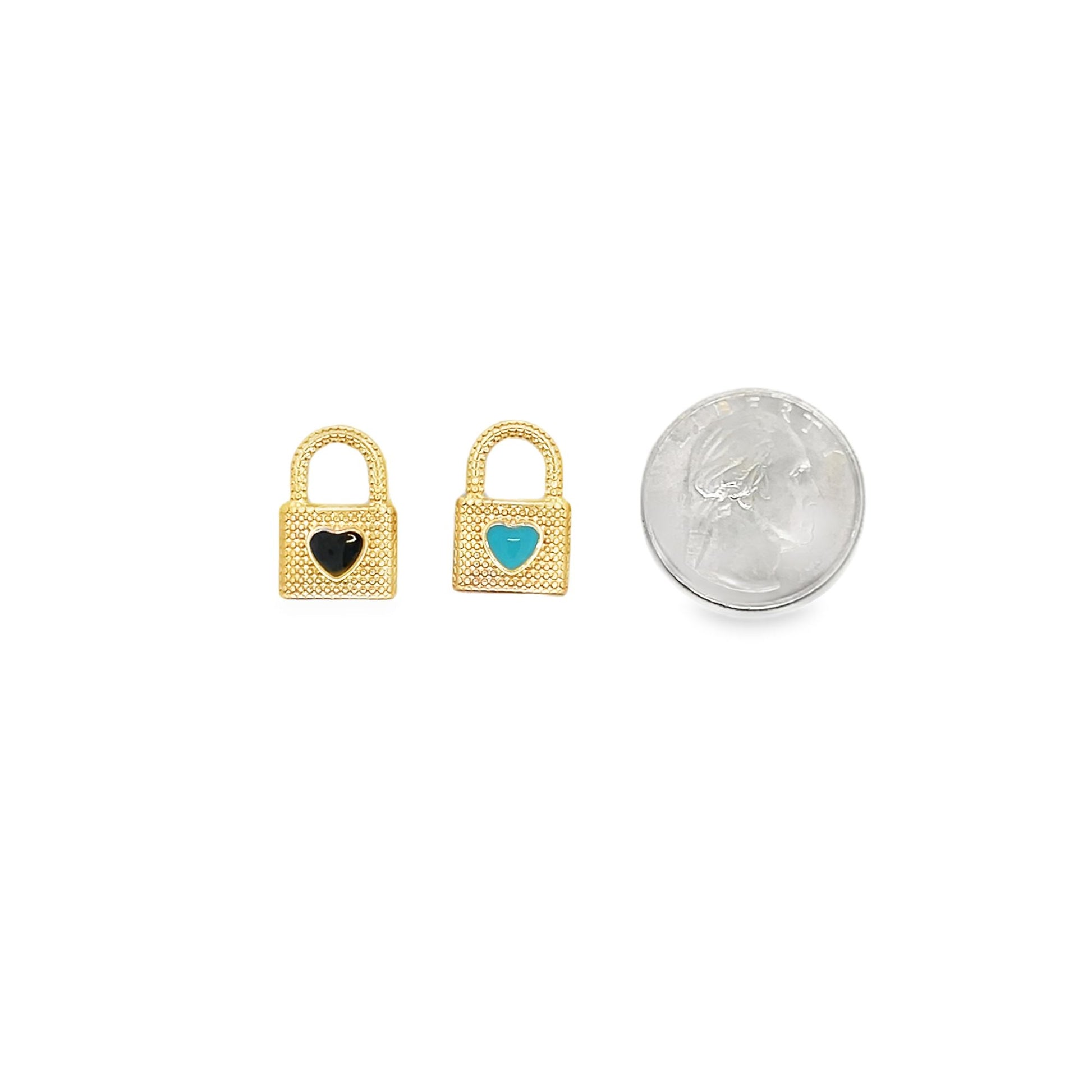 Two gold textured padlock charms featuring black and turquoise heart inlays sit next to a US quarter coin for scale.