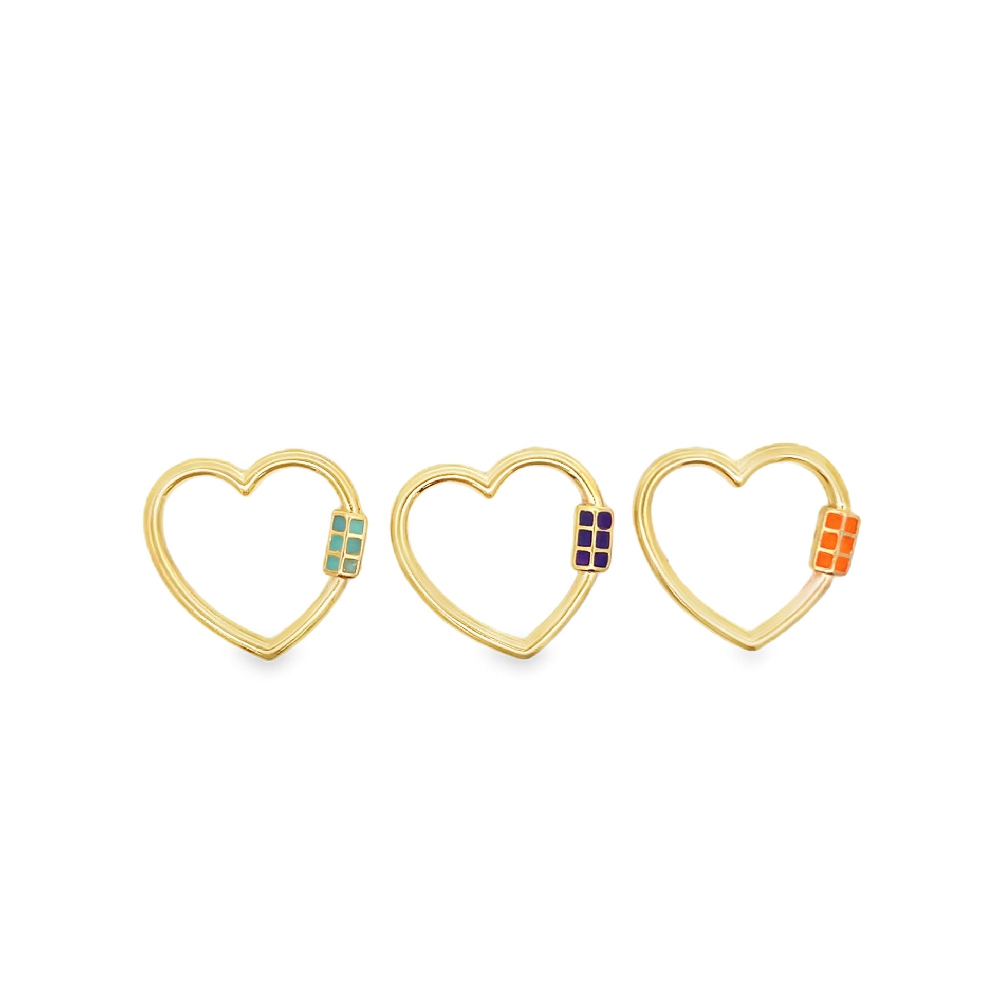 Three gold heart-shaped charm earrings featuring colorful enamel tile clasps in teal, purple, and orange display against a clean white background.