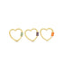 Three gold heart-shaped charm earrings featuring colorful enamel tile clasps in teal, purple, and orange display against a clean white background.