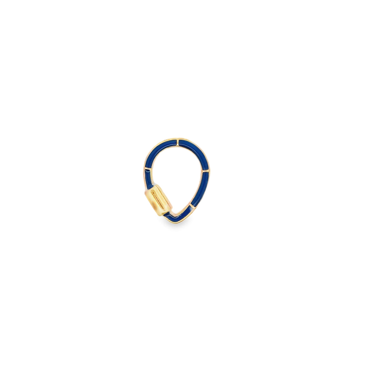 A teardrop-shaped gold carabiner charm features vibrant blue enamel detailing.