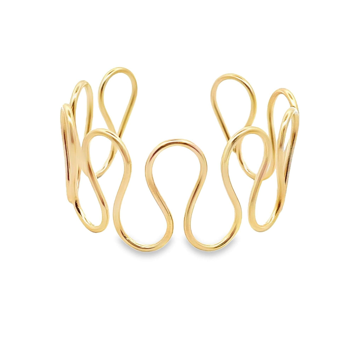 A polished gold wire cuff bracelet features an open, wavy design with interconnected loops against a white background.