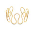 A polished gold wire cuff bracelet features an open, wavy design with interconnected loops against a white background.