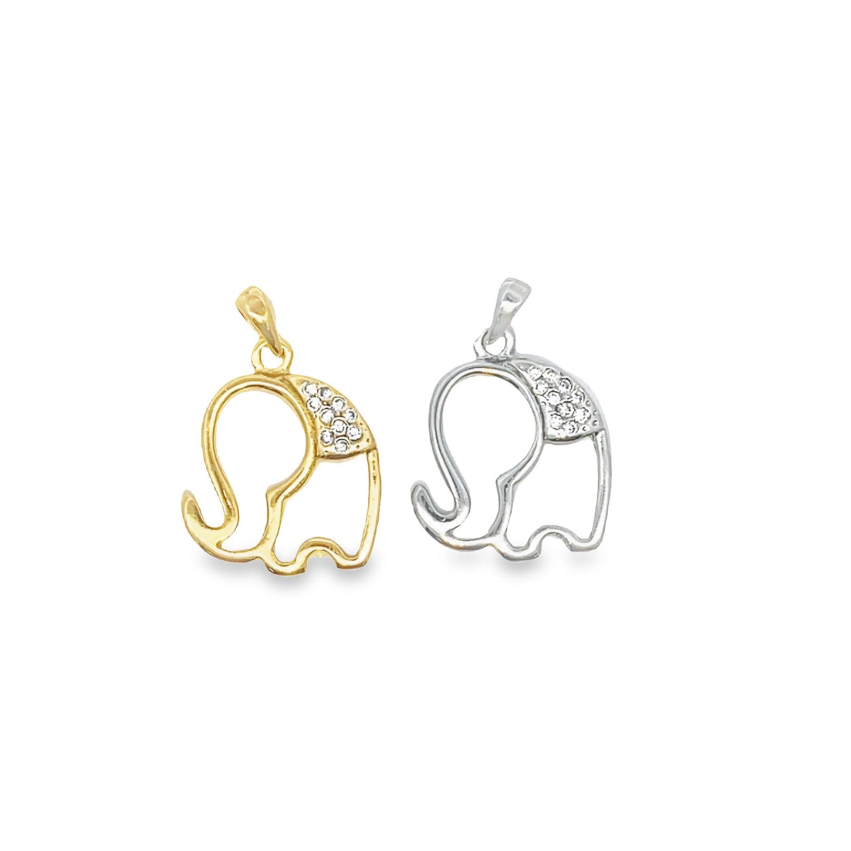 Two gold and silver elephant pendants sparkle with cubic zirconia stones on their ears against a plain white background.
