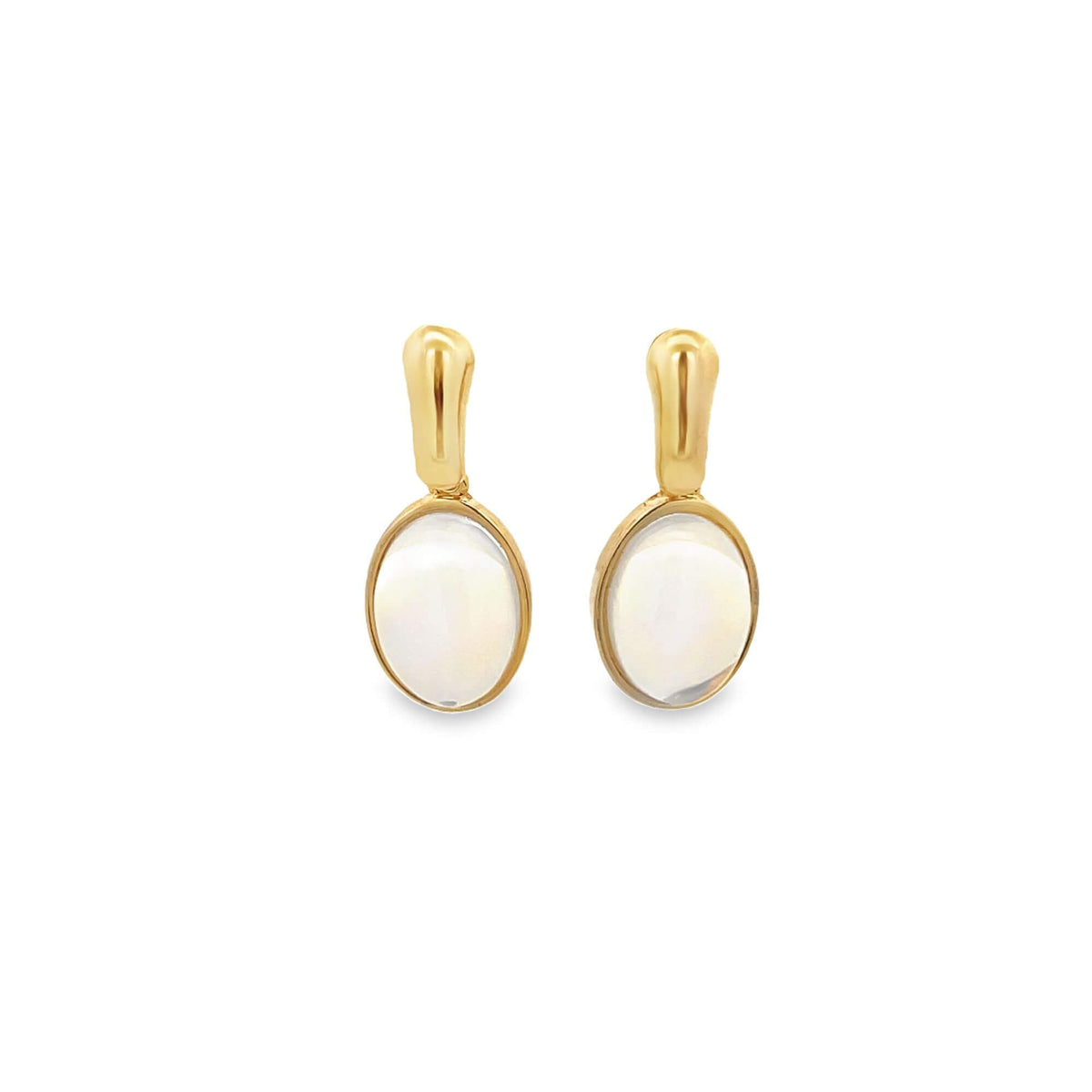 A pair of elegant gold drop earrings featuring glowing oval moonstones gleams against a clean white background.