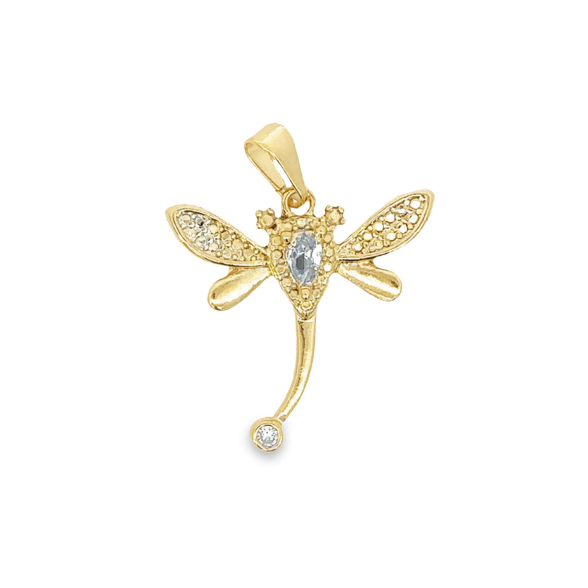 A delicate gold dragonfly pendant features sparkling diamond accents on its wings and body against a plain white background.
