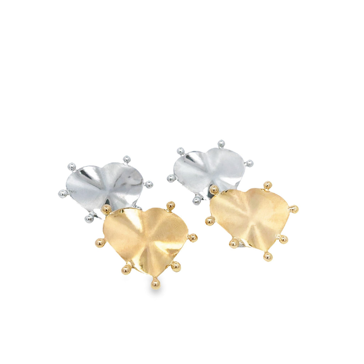 Two-tone heart-shaped earrings feature stacked silver and gold textured hearts adorned with delicate ball accents.