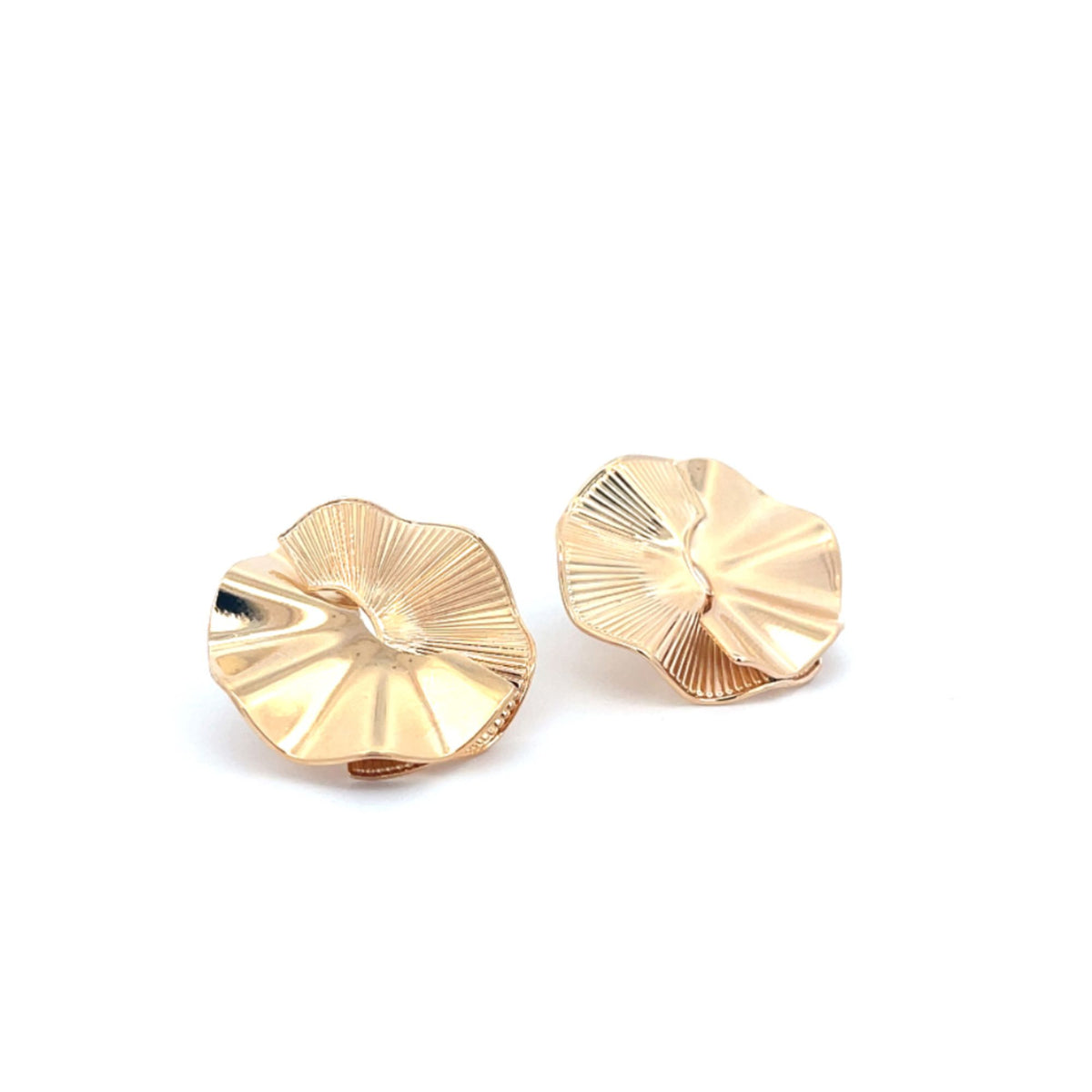 Two textured gold earrings rest against a clean white background, showcasing their unique ruffled flower shape.