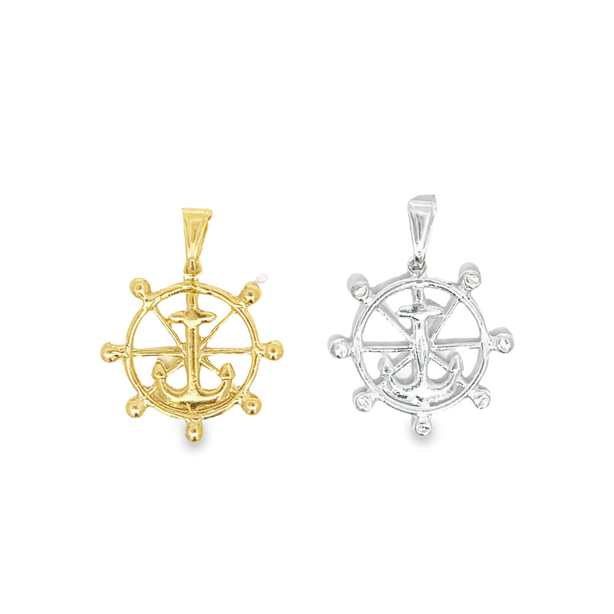 Two nautical-themed charms display a ship's wheel and anchor design in polished gold and silver finishes.