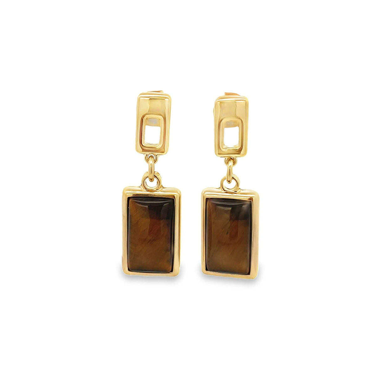 A pair of gold dangle earrings featuring rectangular tiger's eye stone pendants against a white background.