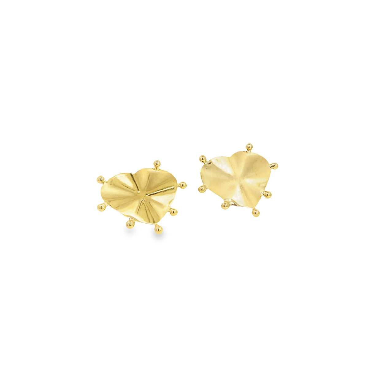 A pair of gold heart-shaped stud earrings features a textured surface with small decorative bead accents along the edges against a white background.