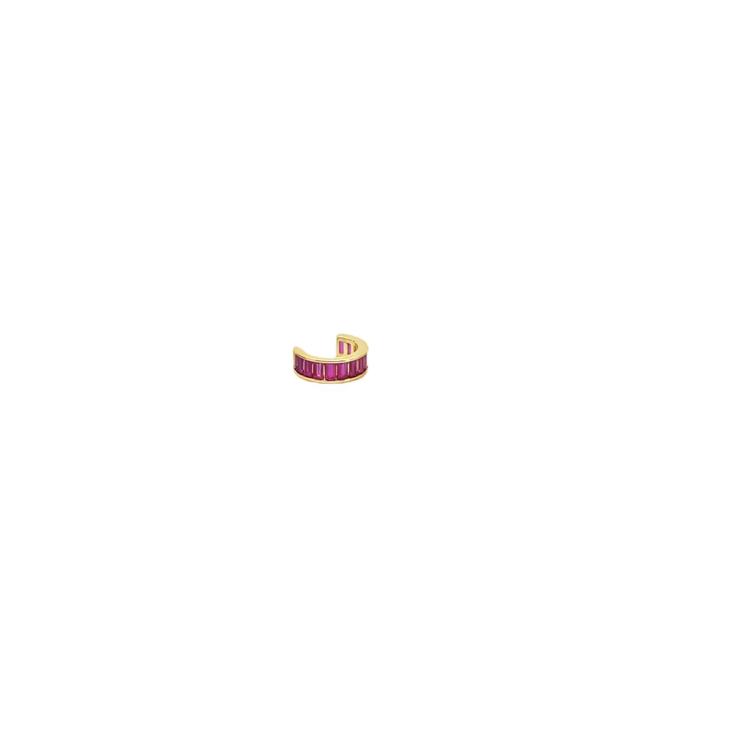 A gold ear cuff features a vibrant row of rectangular pink gemstones against a clean white background.