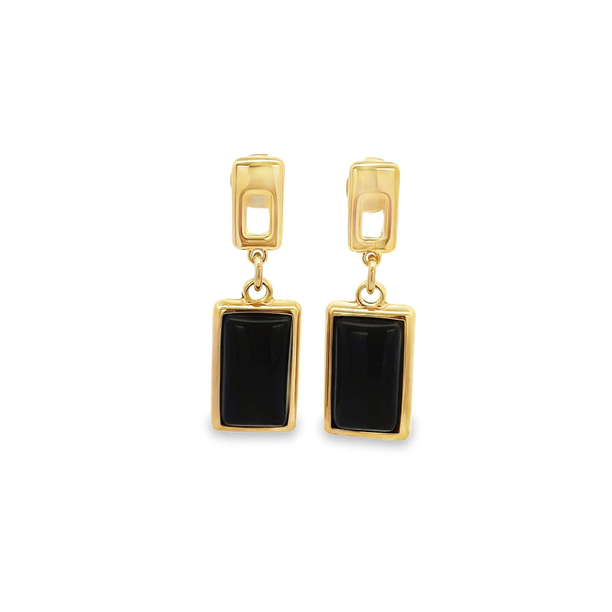 A pair of elegant gold earrings featuring rectangular black onyx stones dangle against a white background.