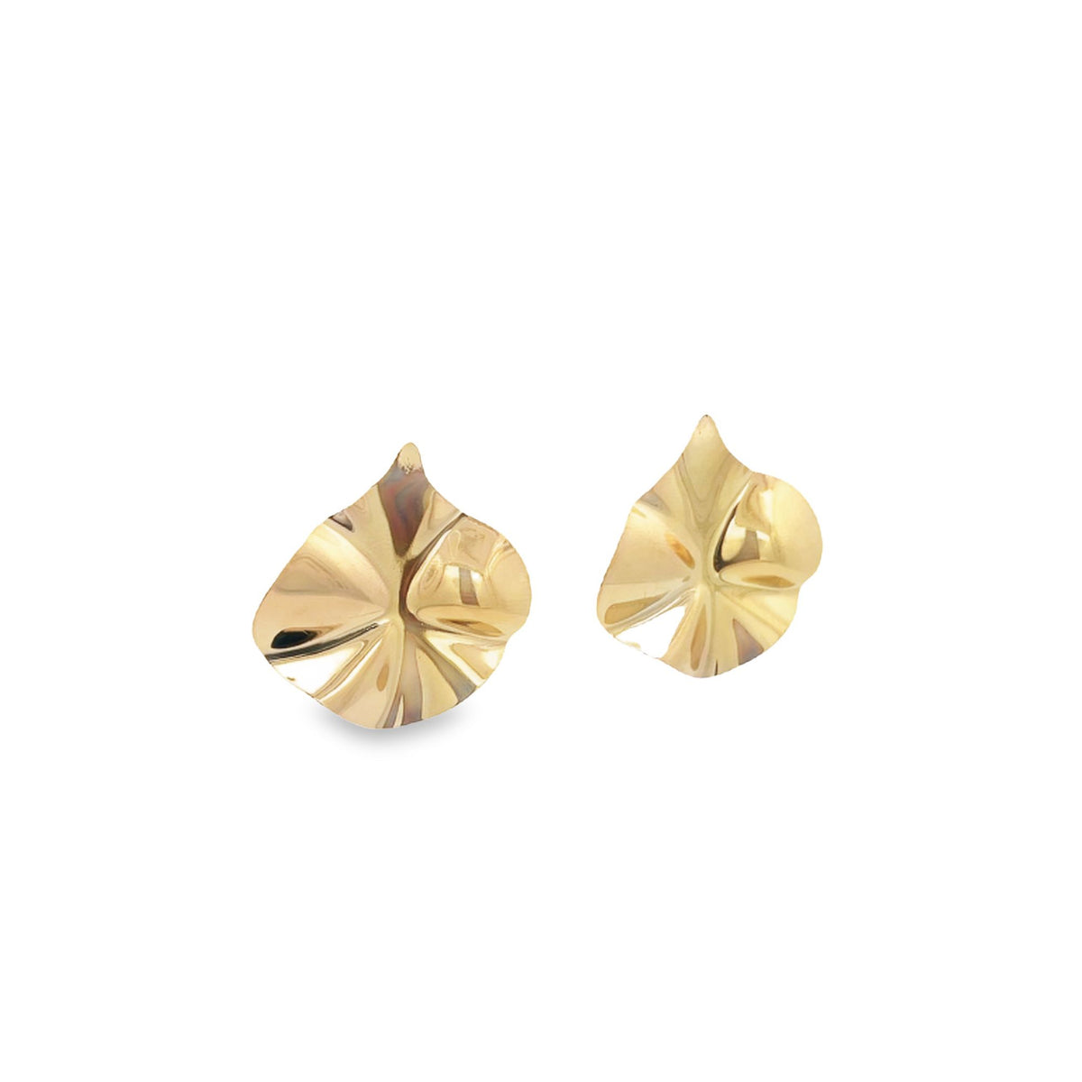 A pair of polished gold earrings with an abstract, ruffled petal design sits against a plain white background.