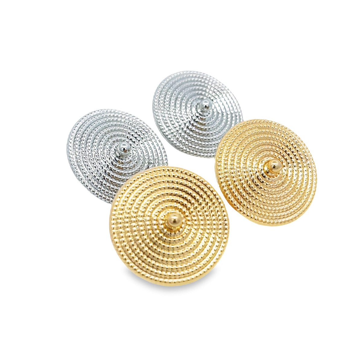 Four textured spiral earrings in silver and gold are arranged neatly on a clean white background.