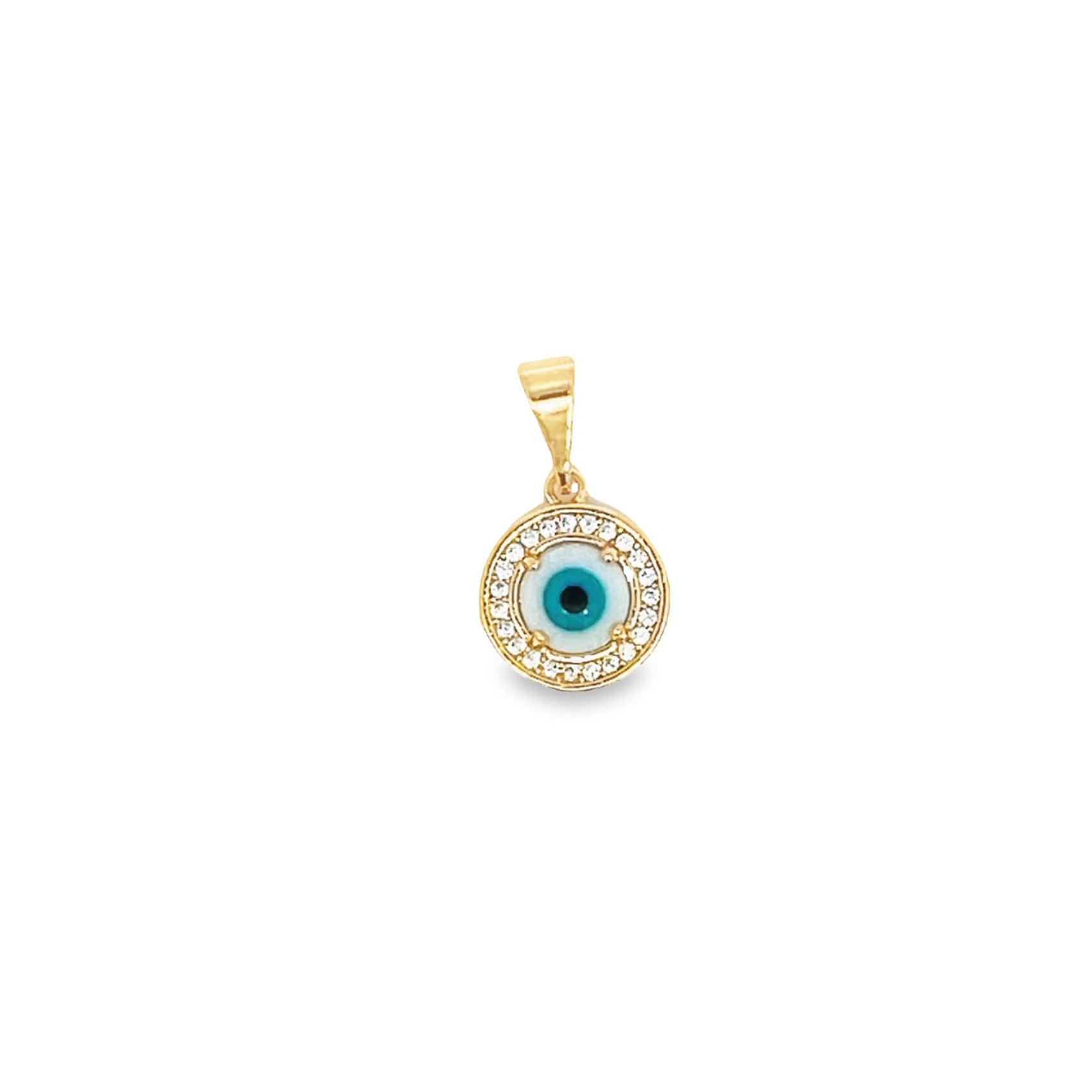 A gold evil eye pendant sparkles with embedded cubic zirconia stones encircling its blue and white enamel design against a white background.