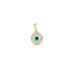 A gold evil eye pendant sparkles with embedded cubic zirconia stones encircling its blue and white enamel design against a white background.