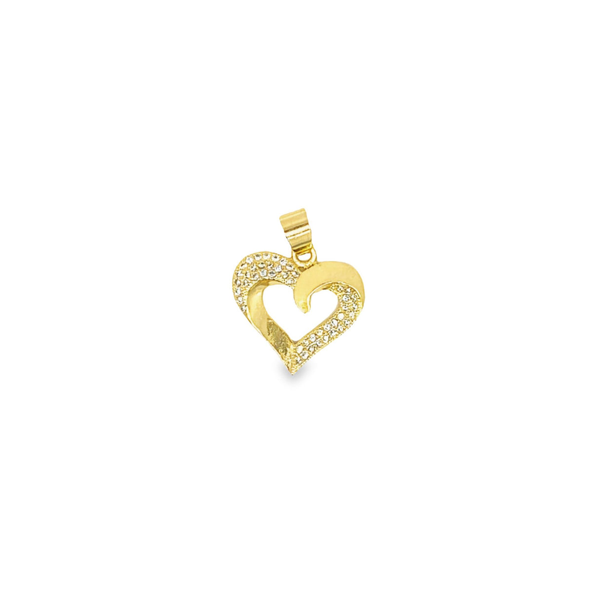 A gold heart pendant encrusted with sparkling cubic zirconia stones rests against a plain white background.