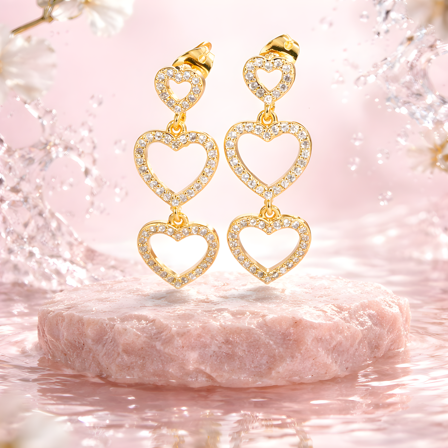 A pair of gold diamond-studded triple-heart earrings stands on a pink stone pedestal surrounded by splashing water and white flowers.