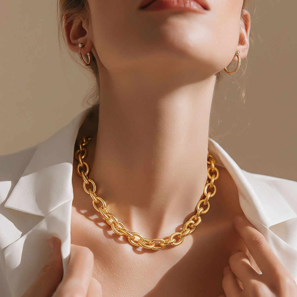 A woman wearing a chunky gold chain necklace and matching hoop earrings adjusts the lapels of her white blazer.