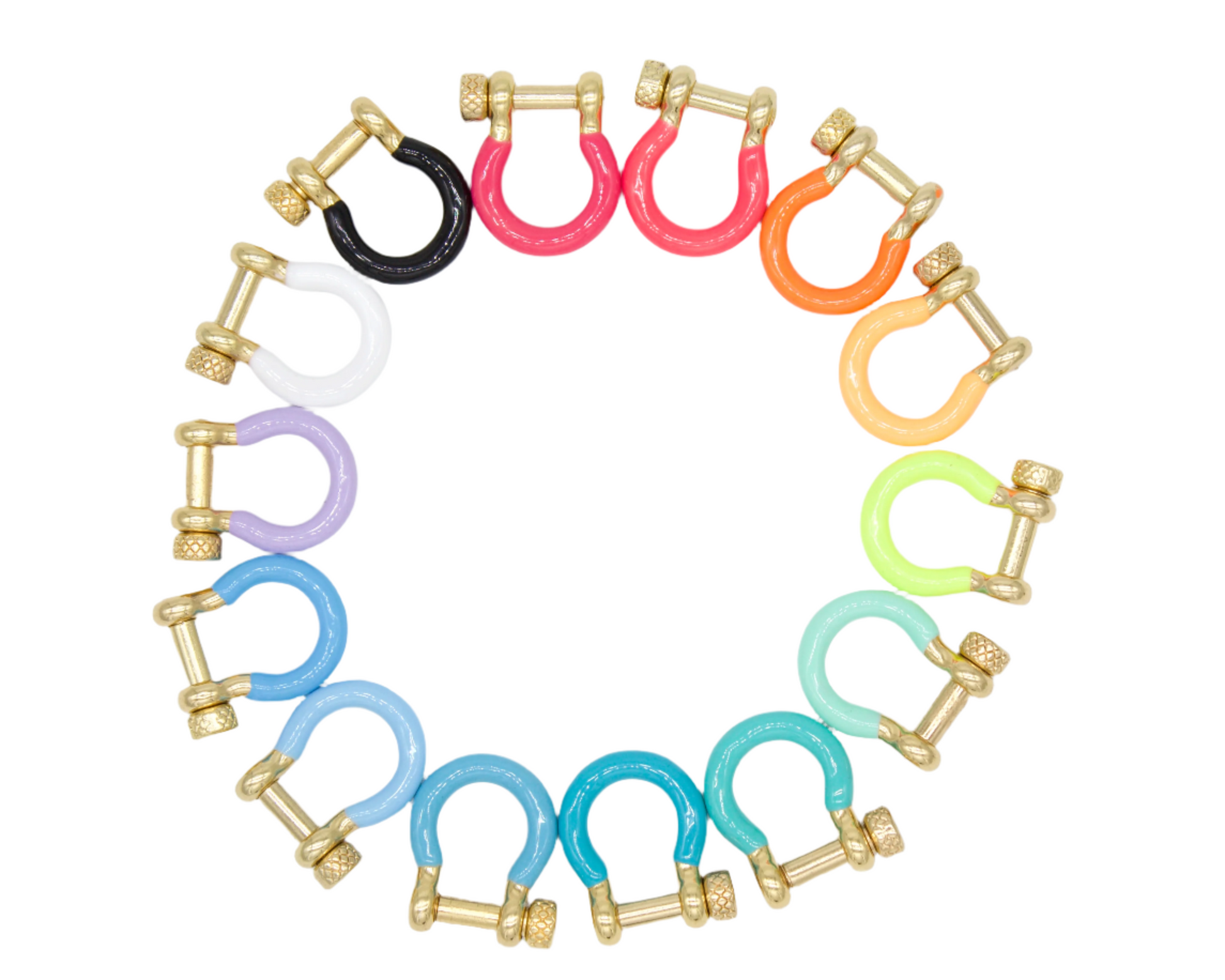 A colorful assortment of U-shaped horseshoe shackles with gold screw pins arranged in a circle.