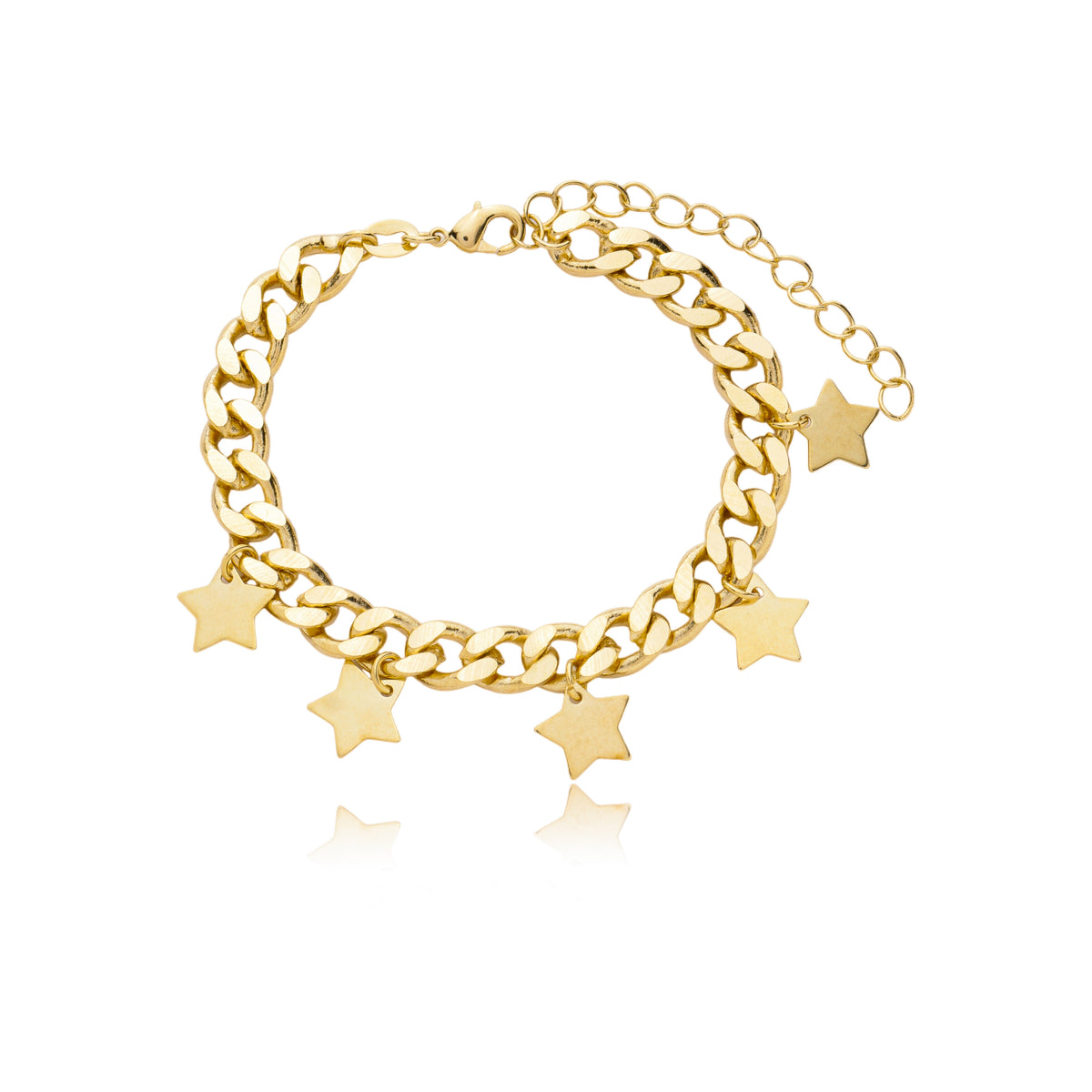A gold cuban link charm bracelet features dangling star charms against a clean white background.