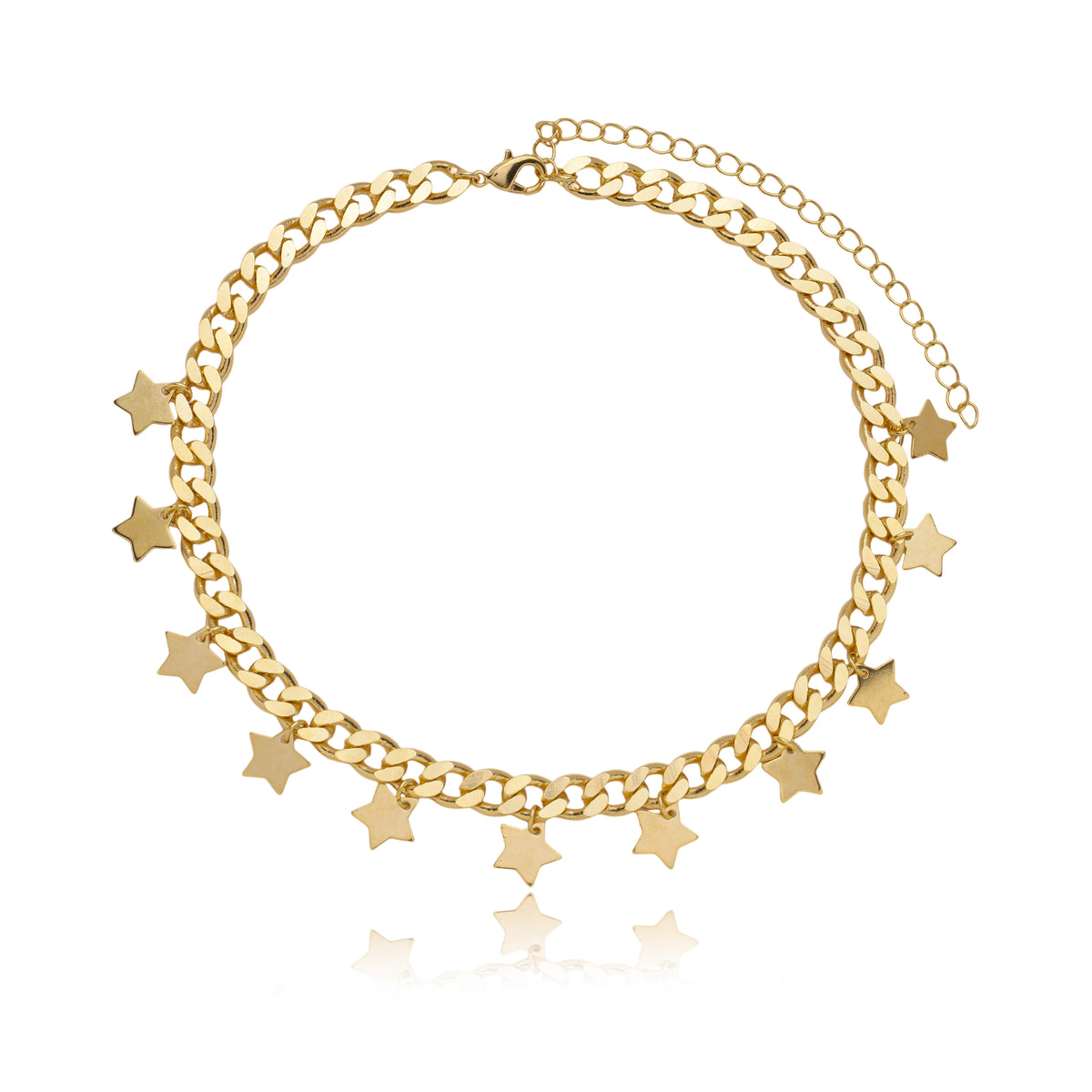 A gold chain choker necklace dangles multiple star charms against a clean white background.