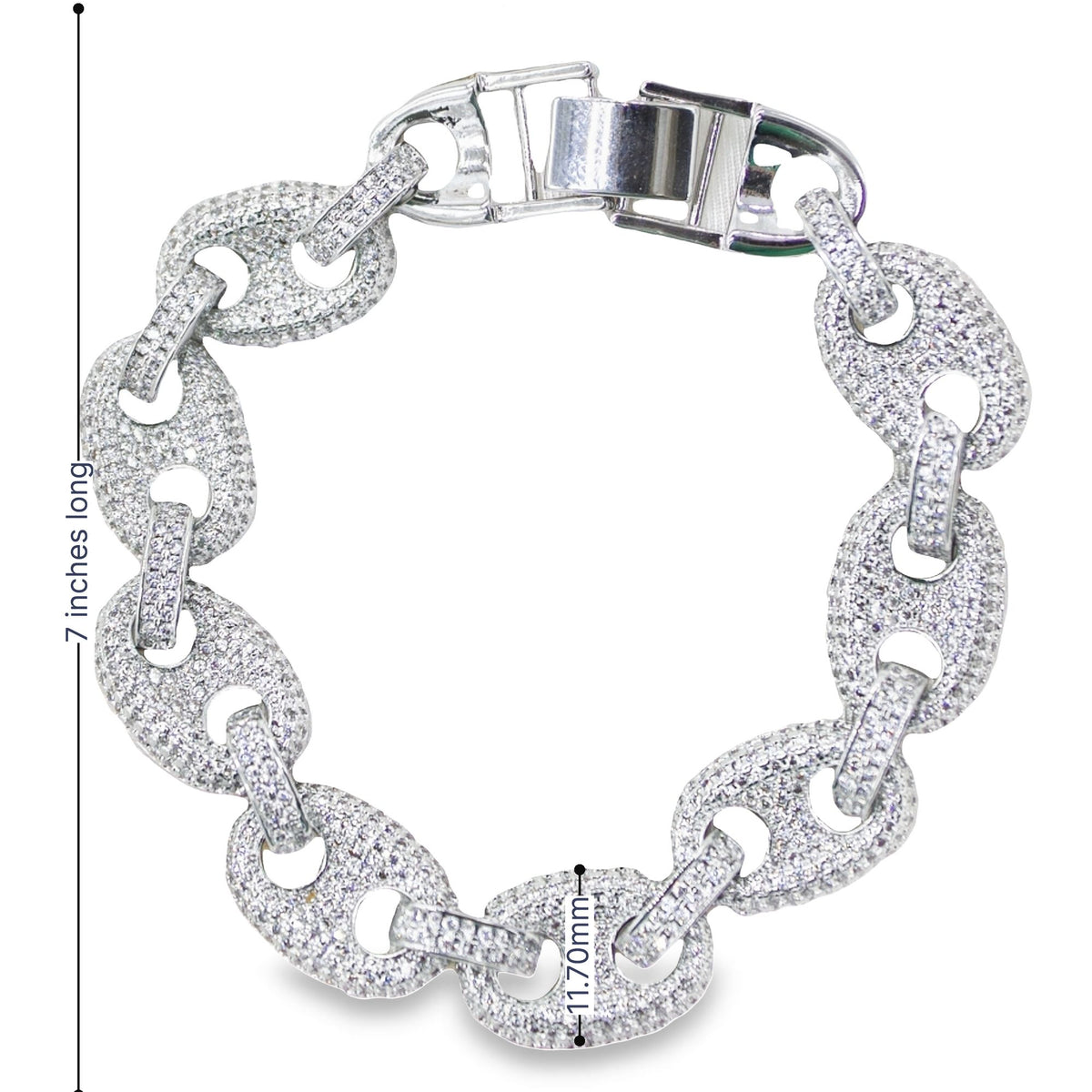 A sparkly silver iced-out puff mariner link bracelet featuring shimmering cubic zirconia stones with dimension markers indicating a 7-inch length and 11.70mm width.