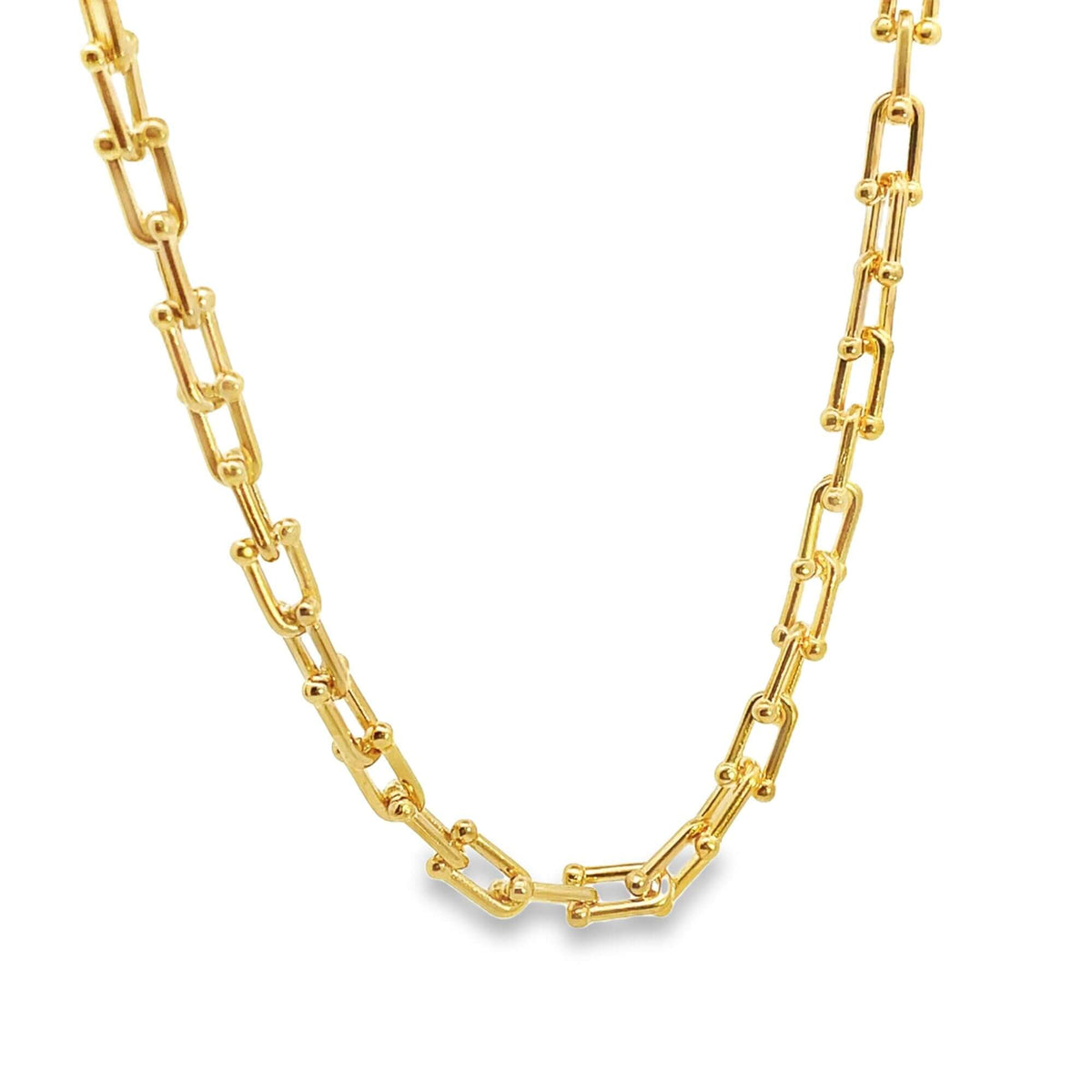 A shiny gold chain necklace features interlocking U-shaped links against a clean white background.