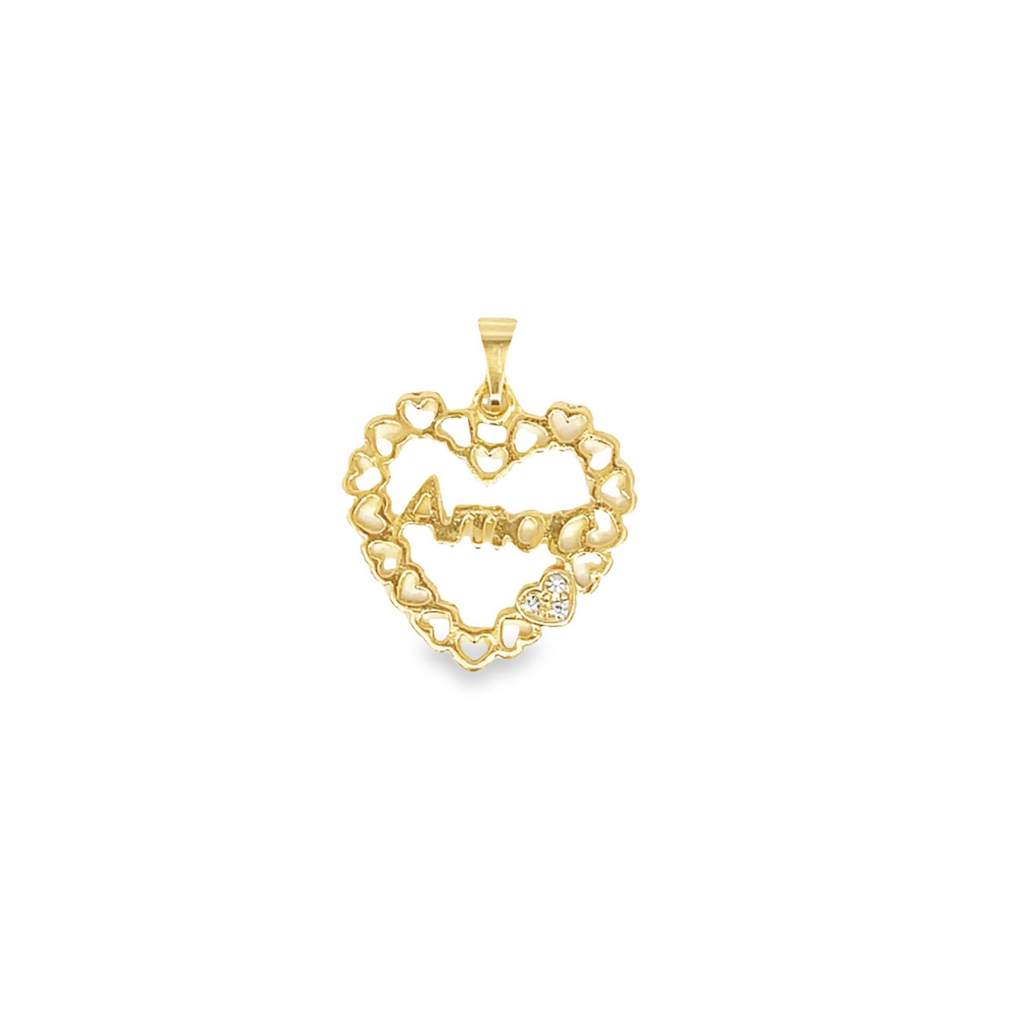 A gold heart-shaped pendant features the word amor and a small heart accent set with sparkling stones.