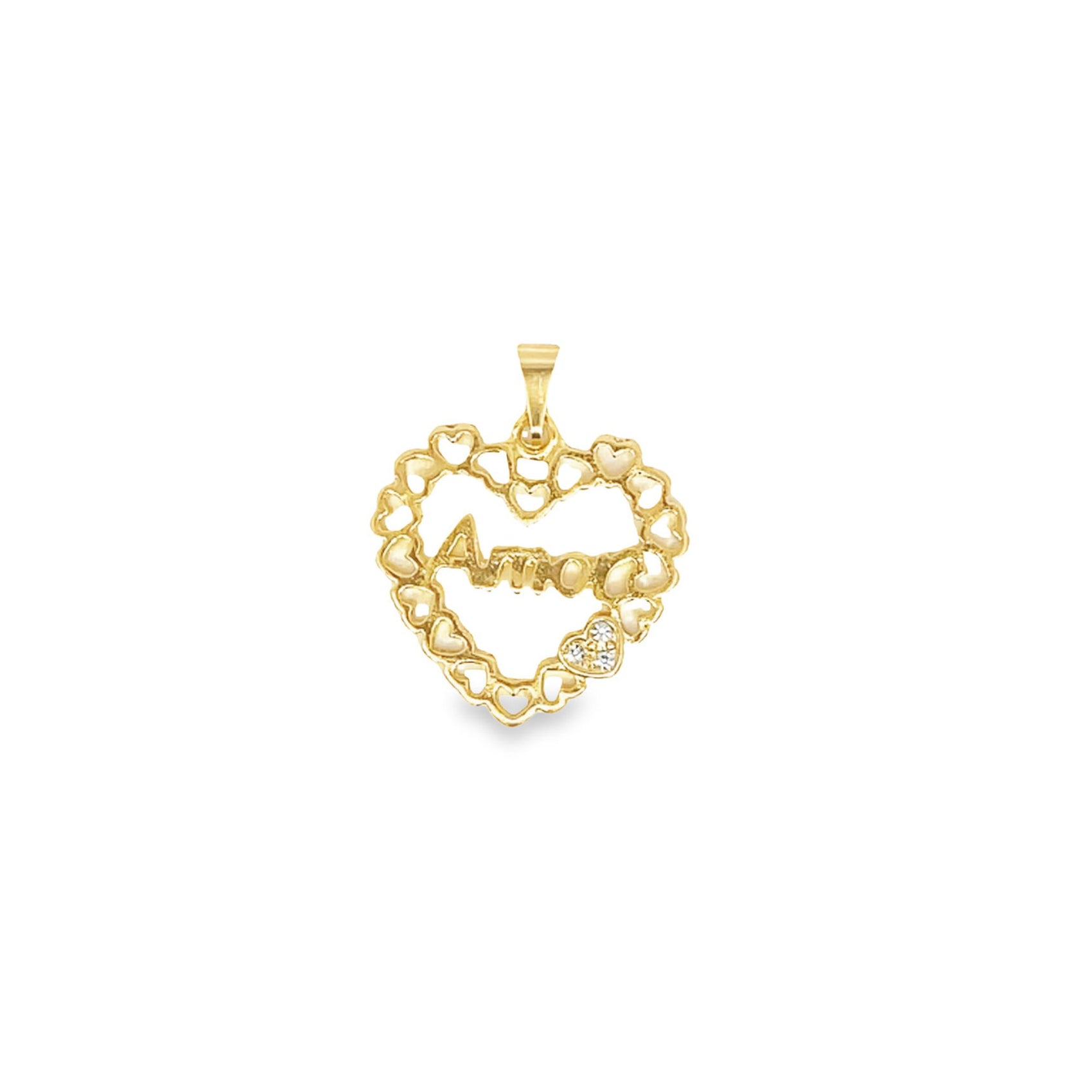 A gold heart-shaped pendant features the word amor and a small heart accent set with sparkling stones.
