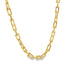 A polished gold link necklace displays interlocking rectangular links against a white background.