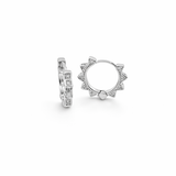 Stylish sunburst huggie hoop earrings with CZ stones. Geometric mini hoops available in gold or silver. Perfect for stacking or everyday wear.