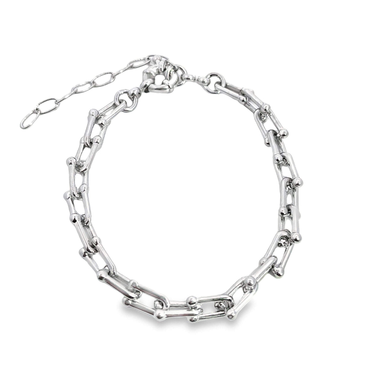 A sleek silver link bracelet features a unique U-shaped chain design and an adjustable extender clasp against a clean white background.