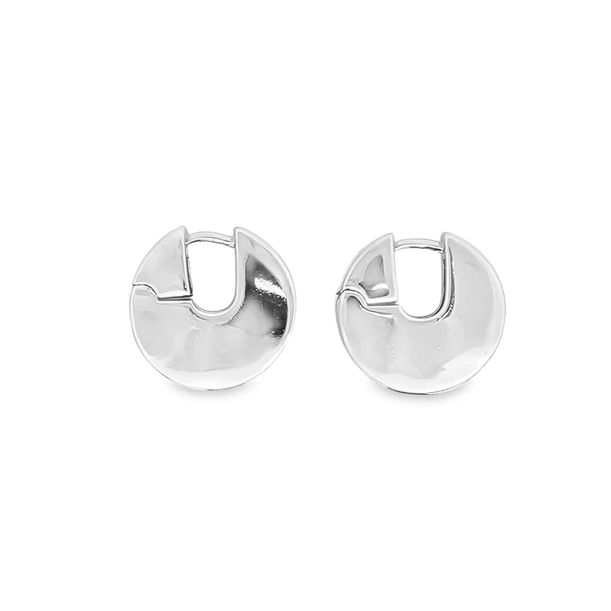 A pair of polished silver chunky hoop earrings rests against a clean white background.