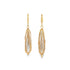 A pair of elegant gold wire-wrapped drop earrings features elongated white pearls encased in an intricate web of fine gold wire against a clean white background.