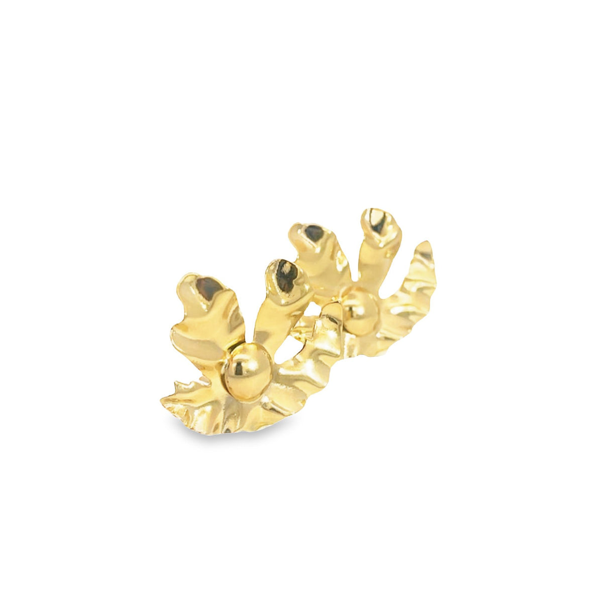A pair of gold floral-shaped stud earrings features intricate textured petals and a central polished bead.