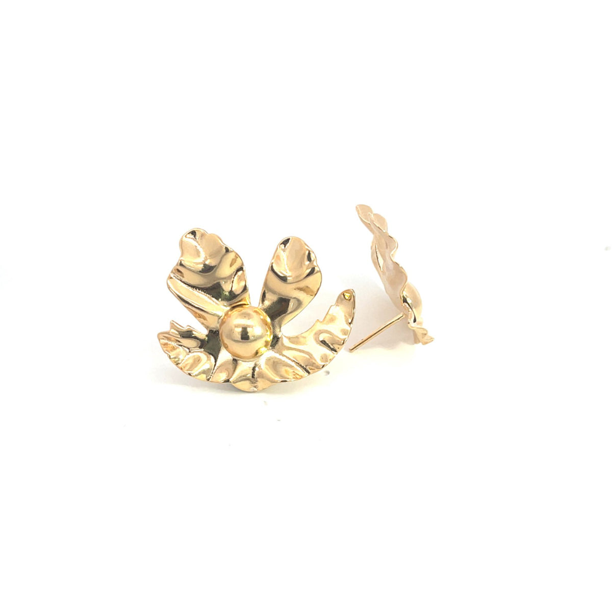 A pair of gold flower-shaped stud earrings features a central round ball and textured, organic petals.