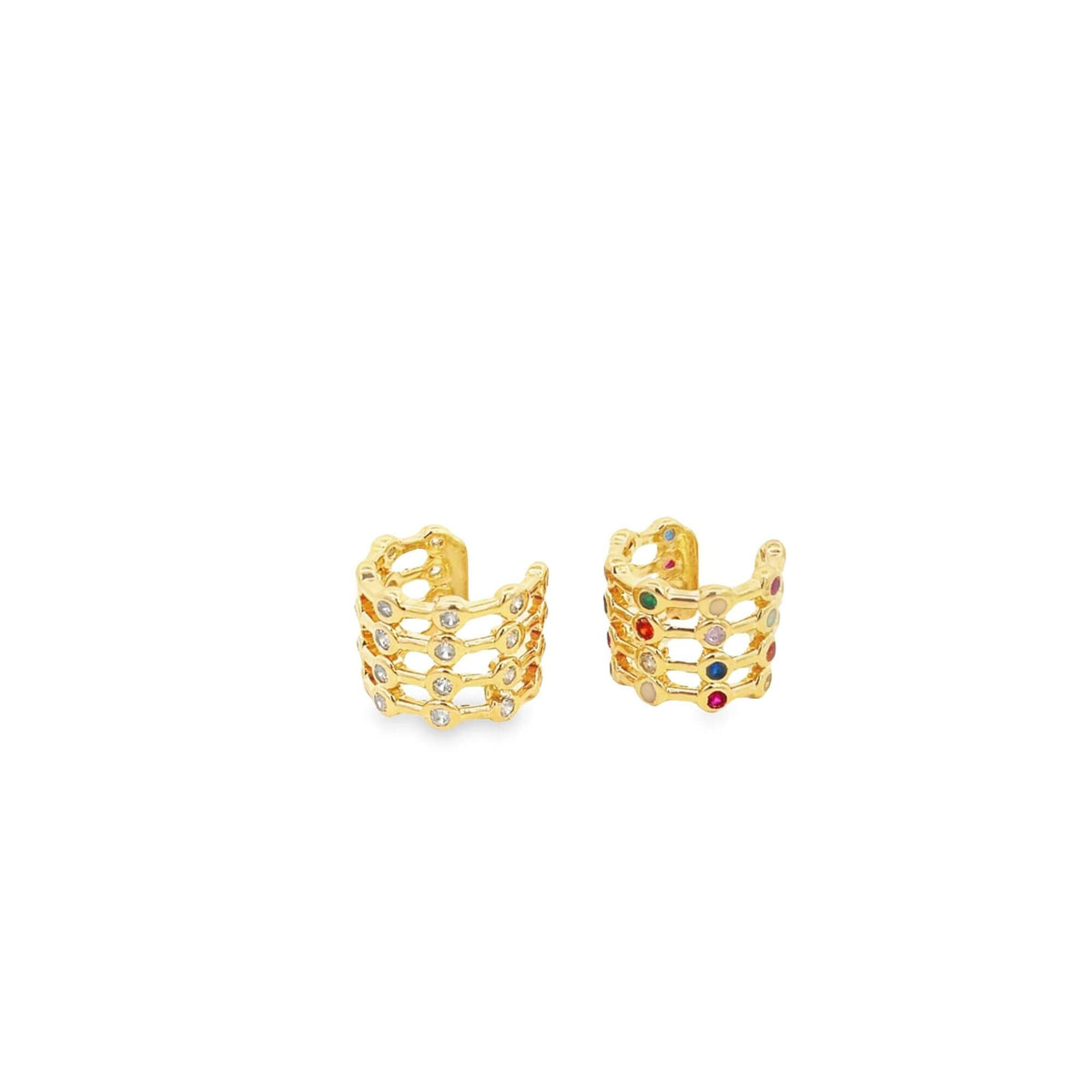 Two gold huggie hoop earrings featuring multi-colored gemstones sparkle against a clean white background.