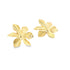 A pair of polished gold floral-shaped stud earrings rests against a clean white background.