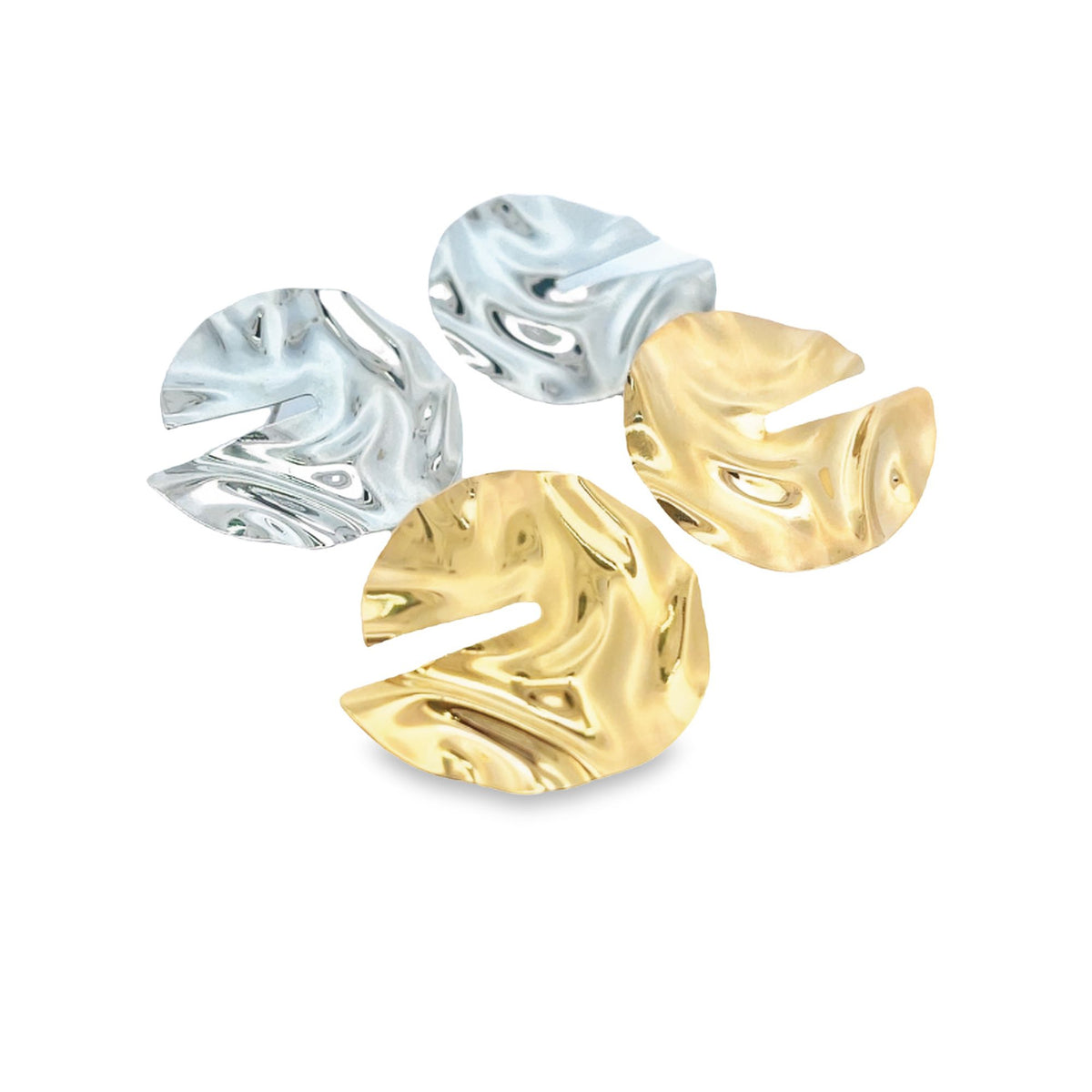 Two pairs of shiny gold and silver abstract wavy metal earrings rest against a clean white background.