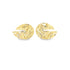 A pair of gold abstract hammered disc earrings rests against a white background.