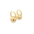 A pair of polished gold ball drop hoop earrings gleams against a white background.