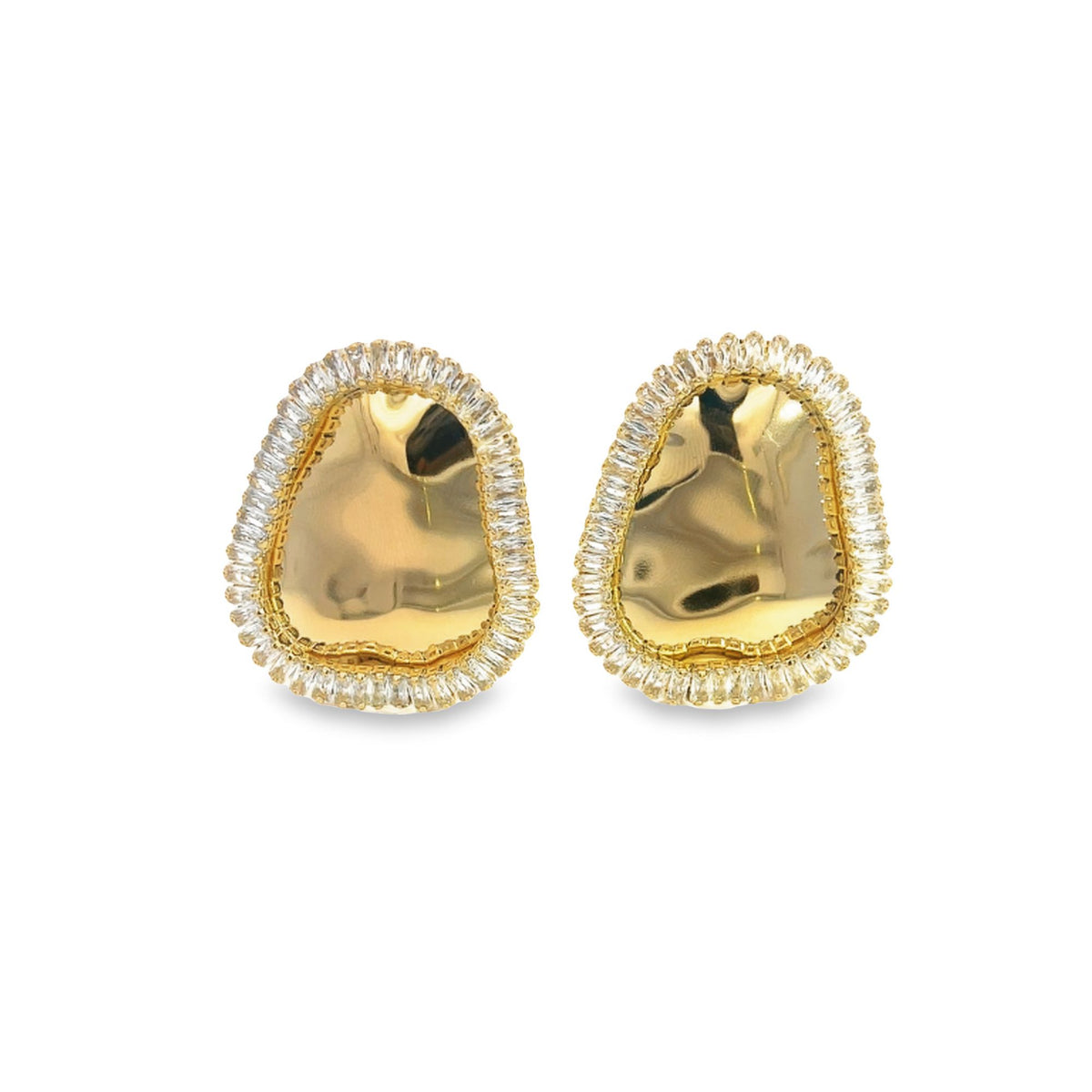 A pair of organic-shaped gold earrings features polished metal centers bordered by rows of sparkling cubic zirconia crystals.