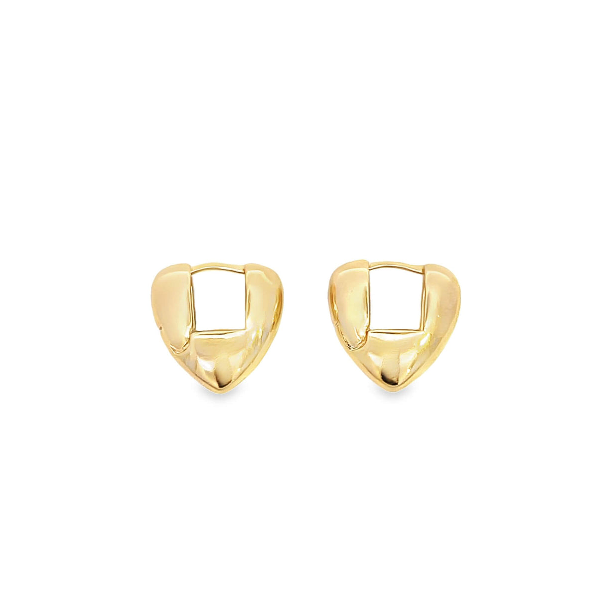 A pair of polished gold heart-shaped huggie earrings rests against a clean white background.