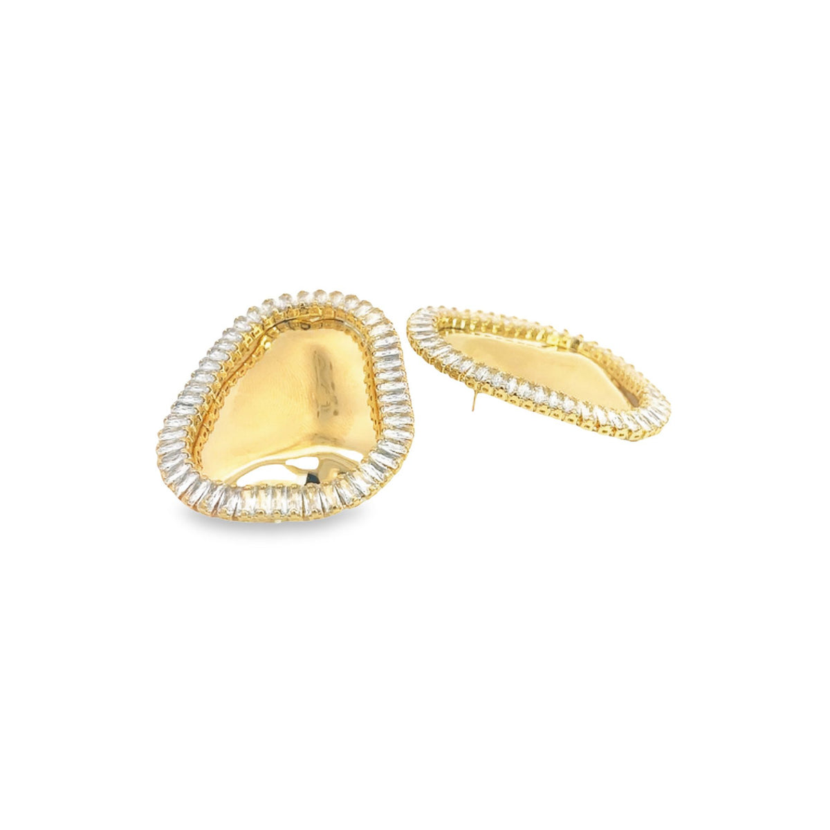 Two gold earrings with paved crystal borders display their shiny surfaces against a plain white background.