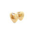 A pair of shiny gold heart-shaped huggie hoop earrings sit against a plain white background.