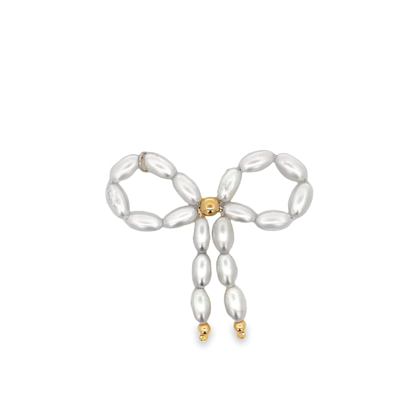 A delicate pearl bow brooch features lustrous rice pearls tied together with small gold accents against a clean white background.