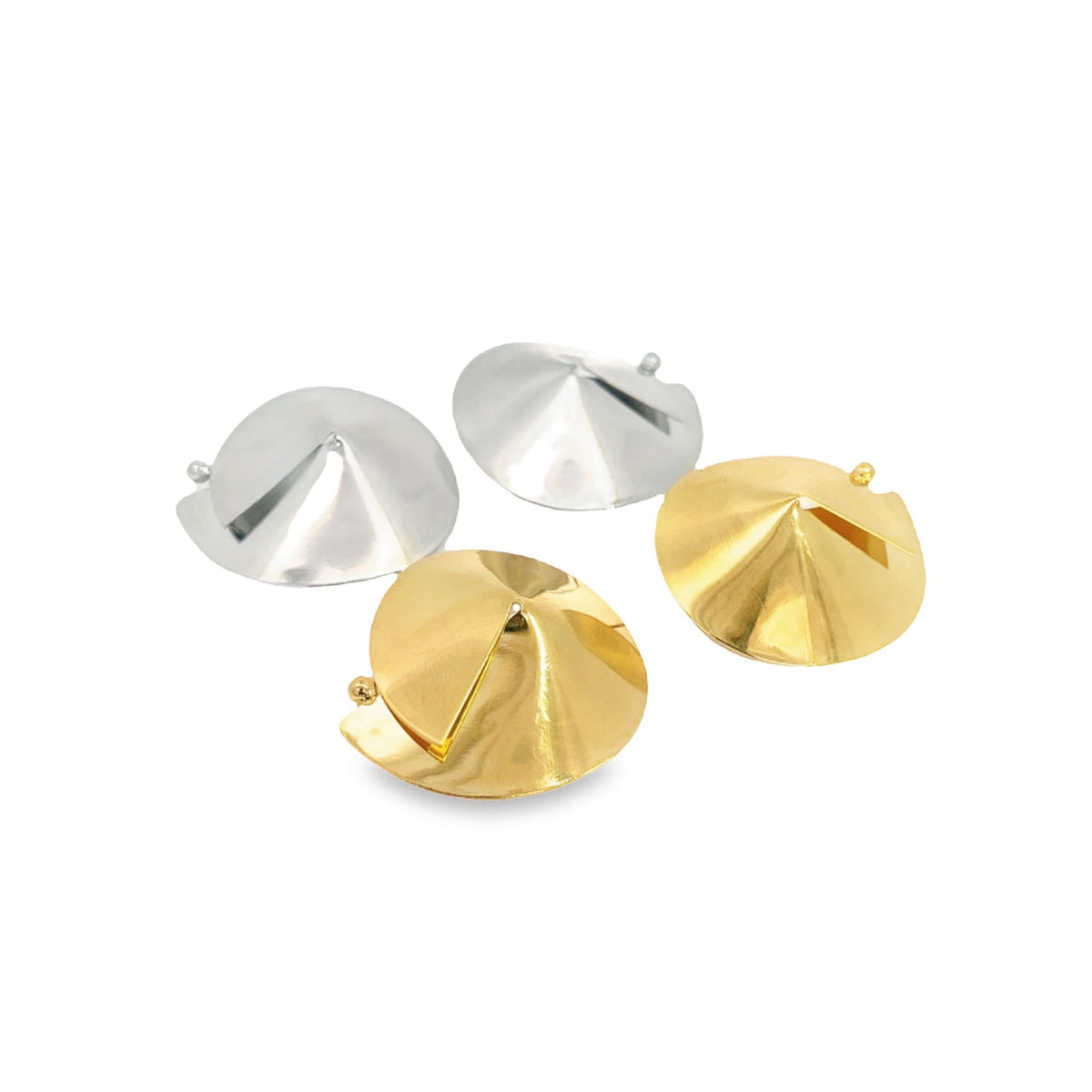 Two gold and two silver dome-shaped geometric earrings rest on a white background.