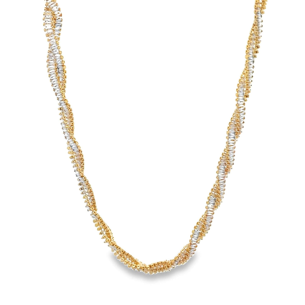An elegant two-tone twisted gold necklace features interlocking strands of yellow gold and sparkling cubic zirconia stones against a clean white background.
